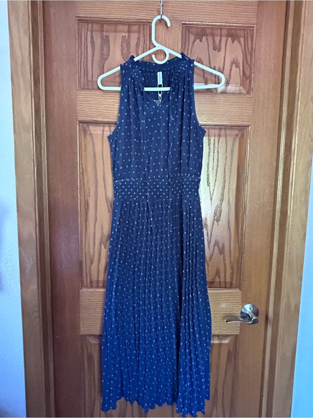 Sleeveless Navy Midi Dress with Smocked Waist